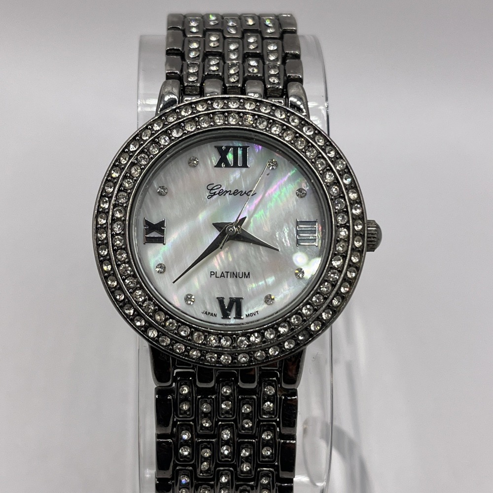 Geneva Platinum Women's Watch Silver Tone 6.75" Band‎ MOP Dial- New Battery